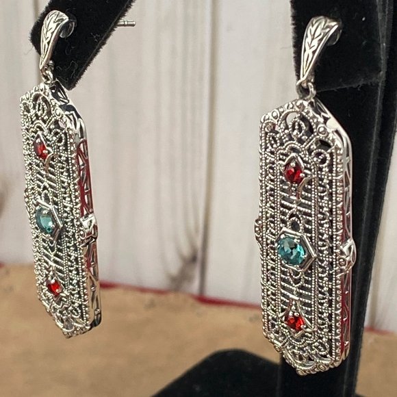 Natural 1CT TW Apatite & Fire Garnet 925 Silver Art Nouveau Filigree Earrings - Picture 2 of 6